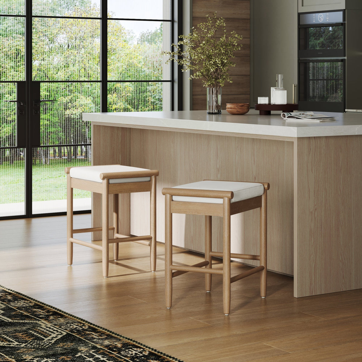 Backless Wooden Bar Stool with Boucle Upholstery Light Brown