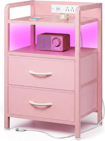 Lazzanto Nightstand with Rear Charging Station, LED Light, 2 Drawers, Black | Industrial Nightstand, 2 USB-A Ports & AC Outlets, Raised Back Guard, Fabric Storage Drawers, Bedside Table for Bedroom, Dorm