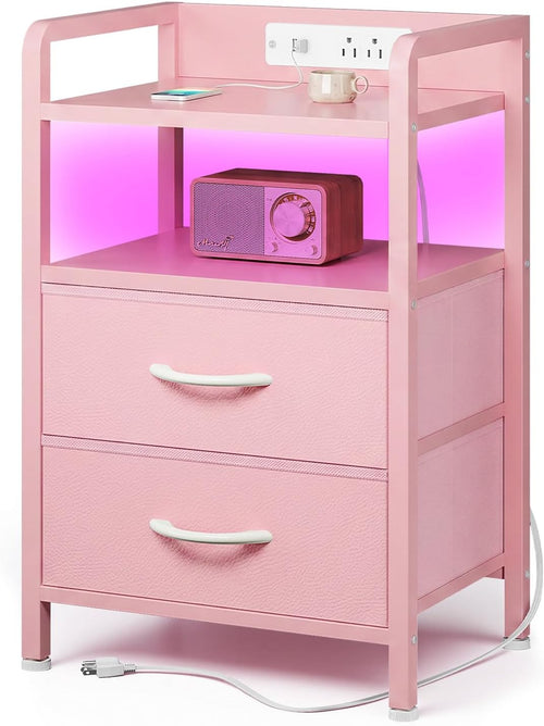 Lazzanto Nightstand with Rear Charging Station, LED Light, 2 Drawers, Black | Industrial Nightstand, 2 USB-A Ports & AC Outlets, Raised Back Guard, Fabric Storage Drawers, Bedside Table for Bedroom, Dorm