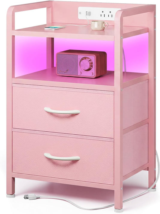 Lazzanto Nightstand with Rear Charging Station, LED Light, 2 Drawers, Black | Industrial Nightstand, 2 USB-A Ports & AC Outlets, Raised Back Guard, Fabric Storage Drawers, Bedside Table for Bedroom, Dorm