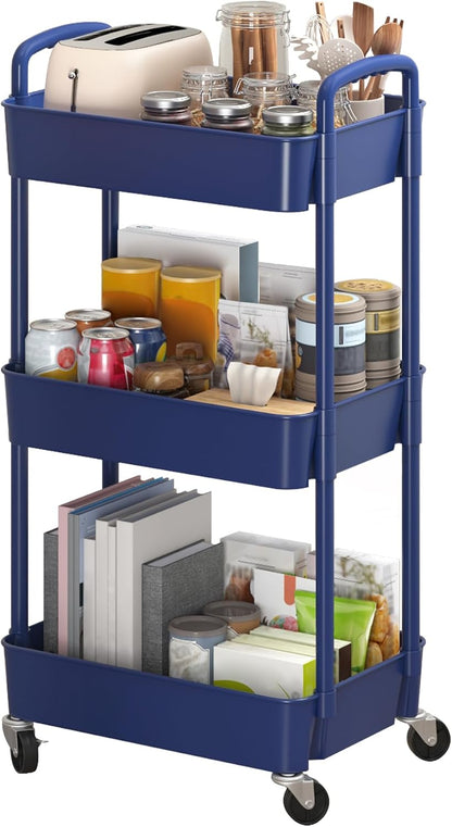 Sywhitta 3-Tier Plastic Rolling Utility Cart with Wheels for Storage,White | Multi-Functional Storage Trolley, for Office, Living Room, Kitchen, Bathroom,Movable Organizer,Space-Saving,Easy to assemble