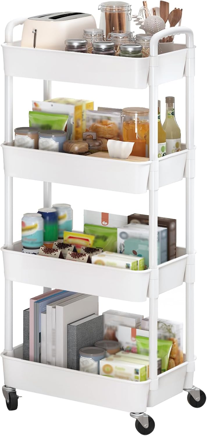 Sywhitta 3-Tier Plastic Rolling Utility Cart with Wheels for Storage,White | Multi-Functional Storage Trolley, for Office, Living Room, Kitchen, Bathroom,Movable Organizer,Space-Saving,Easy to assemble