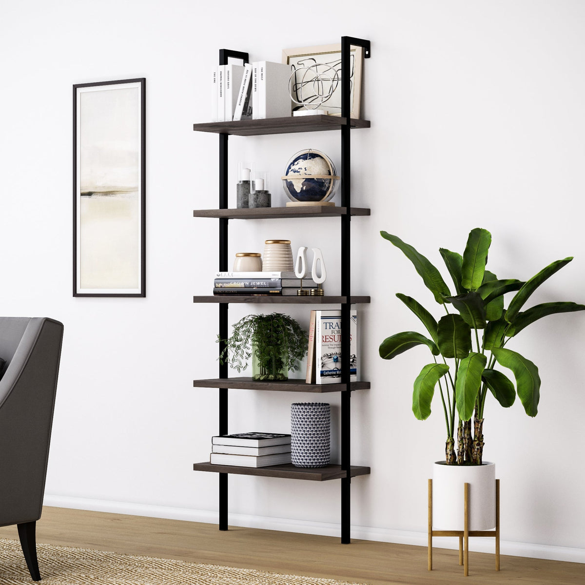 5-Shelf Ladder Wall Bookshelves Nutmeg (Set of 2)