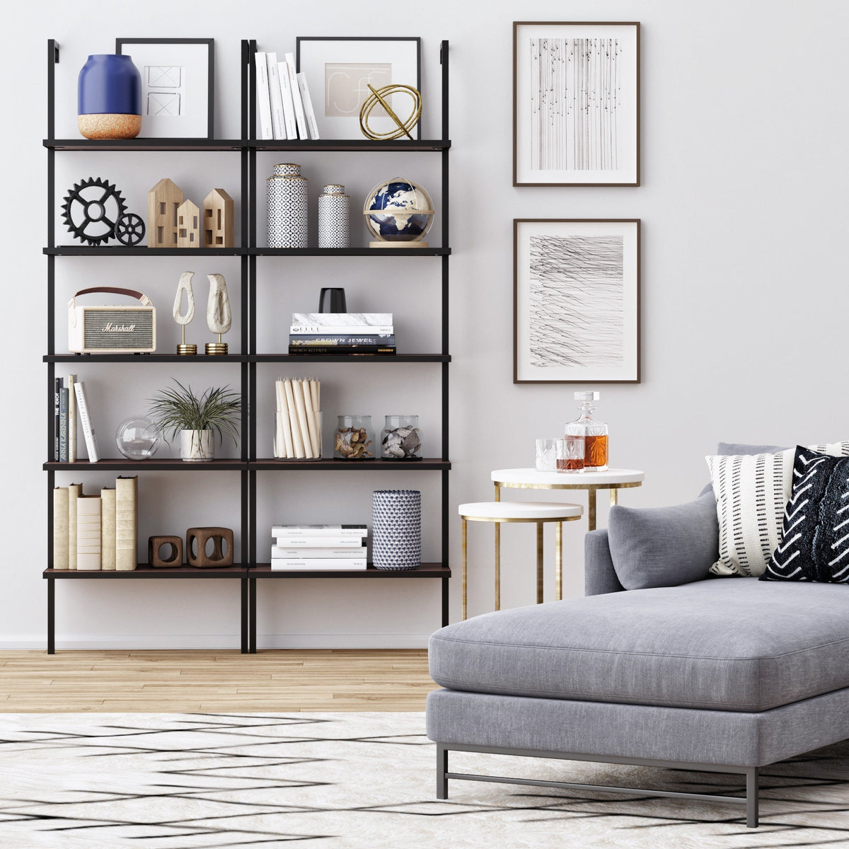 5-Shelf Ladder Bookshelf Walnut Matte Black