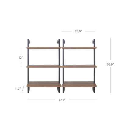 3-Tier Wall-Mounted Bookshelf – Oak Look & Matte Black, Set of 2