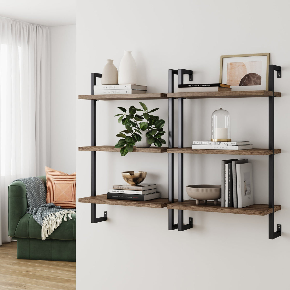 3-Tier Wall-Mounted Bookshelf – Oak Look & Matte Black, Set of 2