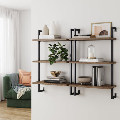 3-Tier Wall-Mounted Bookshelf – Oak Look & Matte Black, Set of 2