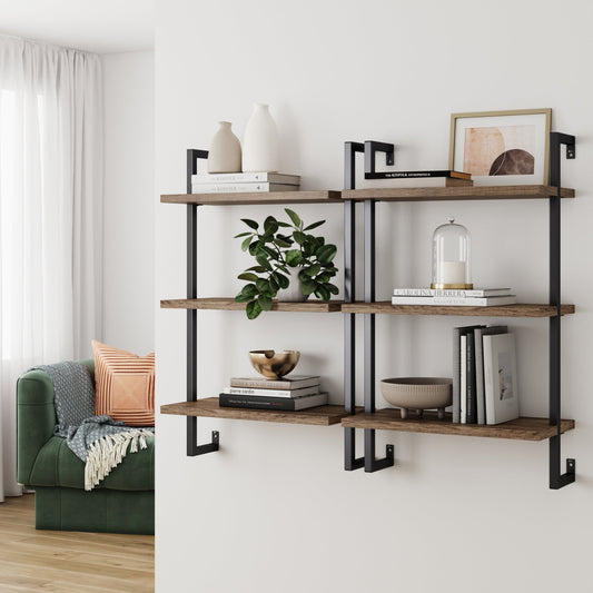 3-Tier Wall-Mounted Bookshelf – Oak Look & Matte Black, Set of 2