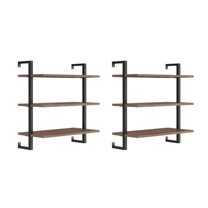 3-Tier Wall-Mounted Bookshelf – Oak Look & Matte Black, Set of 2