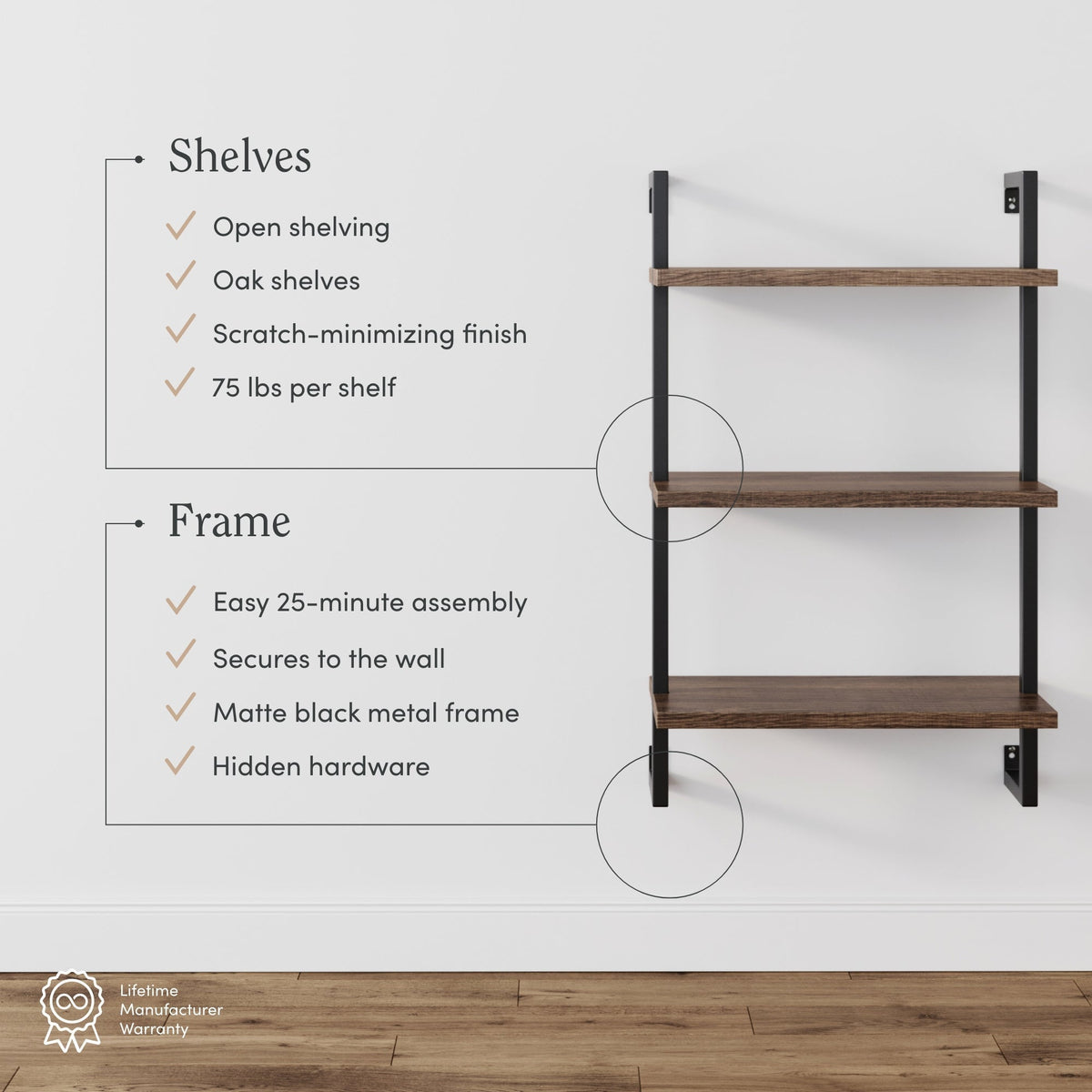 3-Tier Wall-Mounted Bookshelf – Oak Look & Matte Black, Set of 2