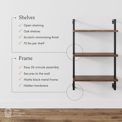 3-Tier Wall-Mounted Bookshelf – Oak Look & Matte Black, Set of 2