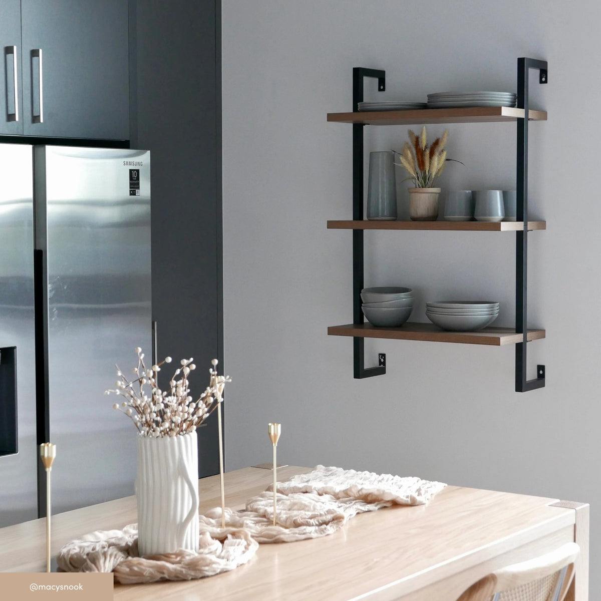 3-Tier Wall-Mounted Bookshelf – Oak Look & Matte Black, Set of 2