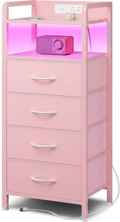 Lazzanto Nightstand with Rear Charging Station, LED Light, 2 Drawers, Black | Industrial Nightstand, 2 USB-A Ports & AC Outlets, Raised Back Guard, Fabric Storage Drawers, Bedside Table for Bedroom, Dorm