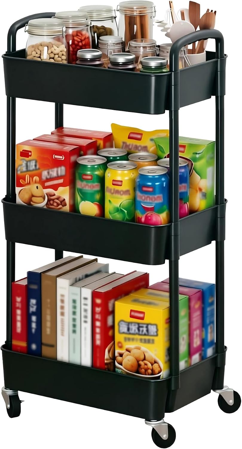 Sywhitta 3-Tier Plastic Rolling Utility Cart with Wheels for Storage,White | Multi-Functional Storage Trolley, for Office, Living Room, Kitchen, Bathroom,Movable Organizer,Space-Saving,Easy to assemble