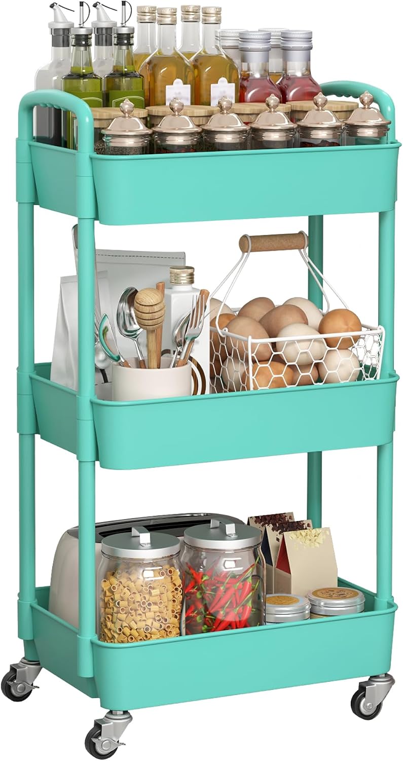Sywhitta 3-Tier Plastic Rolling Utility Cart with Wheels for Storage,White | Multi-Functional Storage Trolley, for Office, Living Room, Kitchen, Bathroom,Movable Organizer,Space-Saving,Easy to assemble