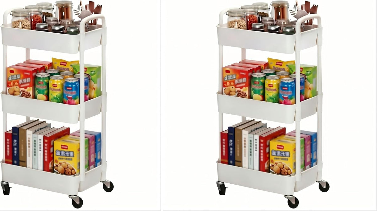 Sywhitta 3-Tier Plastic Rolling Utility Cart with Wheels for Storage,White | Multi-Functional Storage Trolley, for Office, Living Room, Kitchen, Bathroom,Movable Organizer,Space-Saving,Easy to assemble