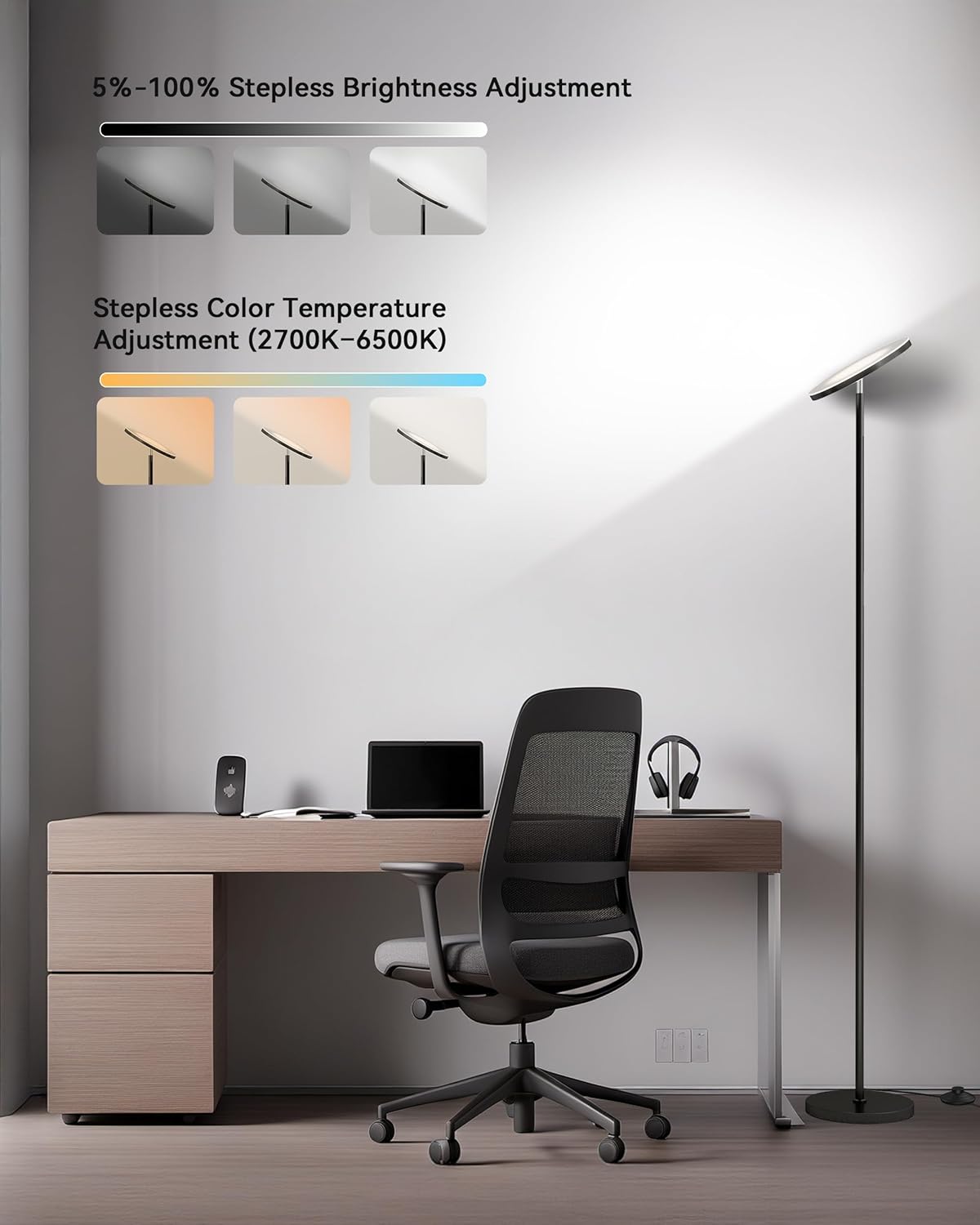 JOOFO LED Floor Lamp for Living Room, Torchiere Lamp with Compact Remote | 30W/3000LM Super Bright, 69 Tall, Stepless Dimming, 3 Color Temperatures, Timer & Memory, Standing Lamp for Bedroom & Office