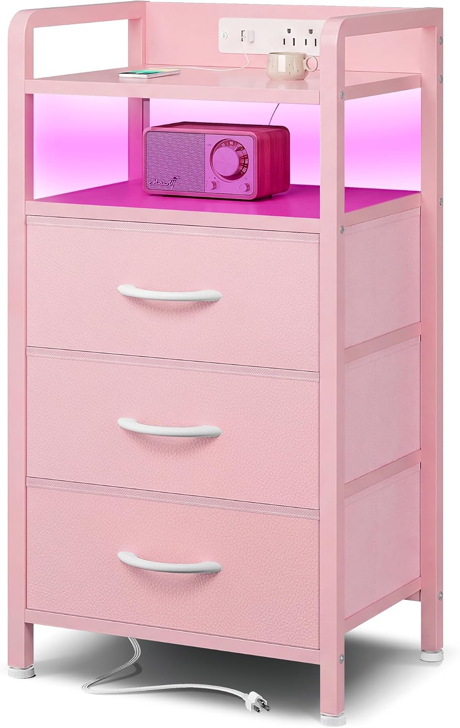 Lazzanto Nightstand with Rear Charging Station, LED Light, 2 Drawers, Black | Industrial Nightstand, 2 USB-A Ports & AC Outlets, Raised Back Guard, Fabric Storage Drawers, Bedside Table for Bedroom, Dorm
