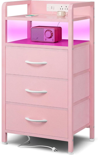 Lazzanto Nightstand with Rear Charging Station, LED Light, 2 Drawers, Black | Industrial Nightstand, 2 USB-A Ports & AC Outlets, Raised Back Guard, Fabric Storage Drawers, Bedside Table for Bedroom, Dorm