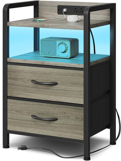 Lazzanto Nightstand with Rear Charging Station, LED Light, 2 Drawers, Black | Industrial Nightstand, 2 USB-A Ports & AC Outlets, Raised Back Guard, Fabric Storage Drawers, Bedside Table for Bedroom, Dorm