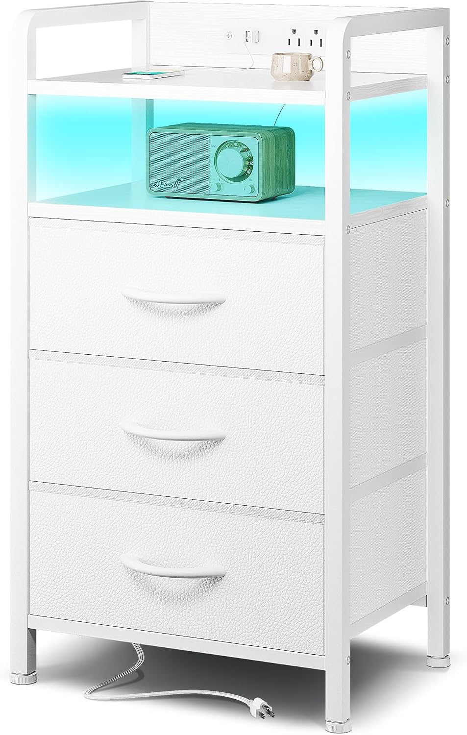 Lazzanto Nightstand with Rear Charging Station, LED Light, 2 Drawers, Black | Industrial Nightstand, 2 USB-A Ports & AC Outlets, Raised Back Guard, Fabric Storage Drawers, Bedside Table for Bedroom, Dorm