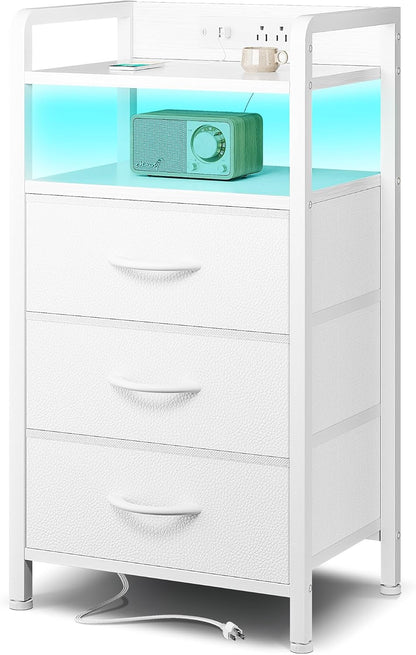 Lazzanto Nightstand with Rear Charging Station, LED Light, 2 Drawers, Black | Industrial Nightstand, 2 USB-A Ports & AC Outlets, Raised Back Guard, Fabric Storage Drawers, Bedside Table for Bedroom, Dorm