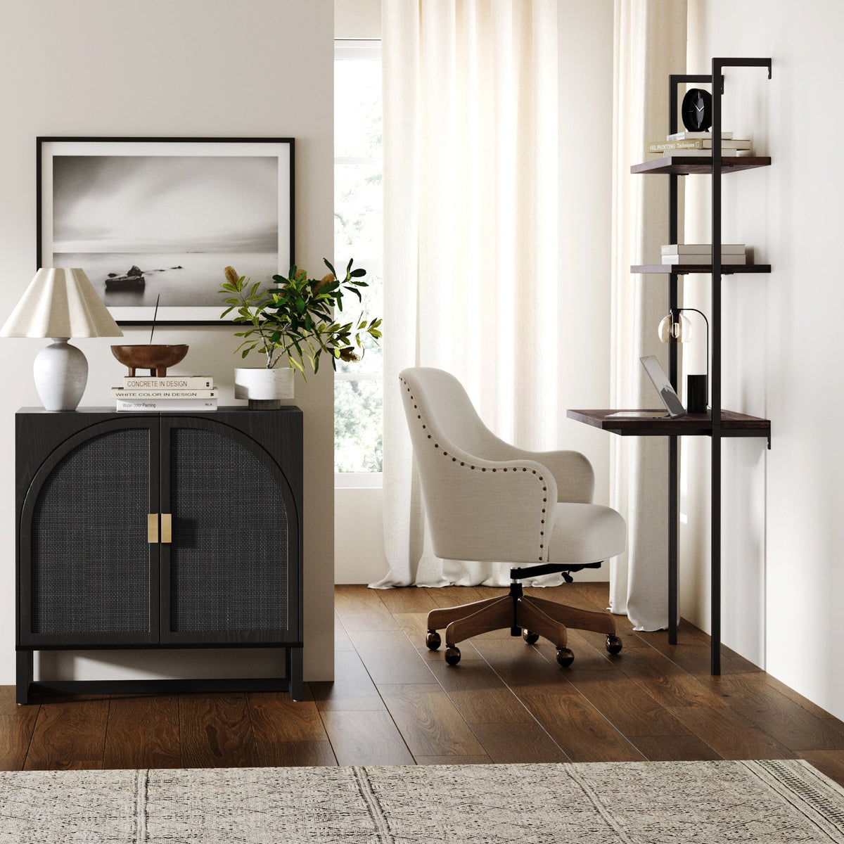 Arched Wooden 2-Door Storage Cabinet Black Rattan