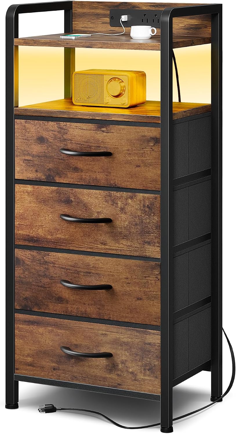 Lazzanto Nightstand with Rear Charging Station, LED Light, 2 Drawers, Black | Industrial Nightstand, 2 USB-A Ports & AC Outlets, Raised Back Guard, Fabric Storage Drawers, Bedside Table for Bedroom, Dorm