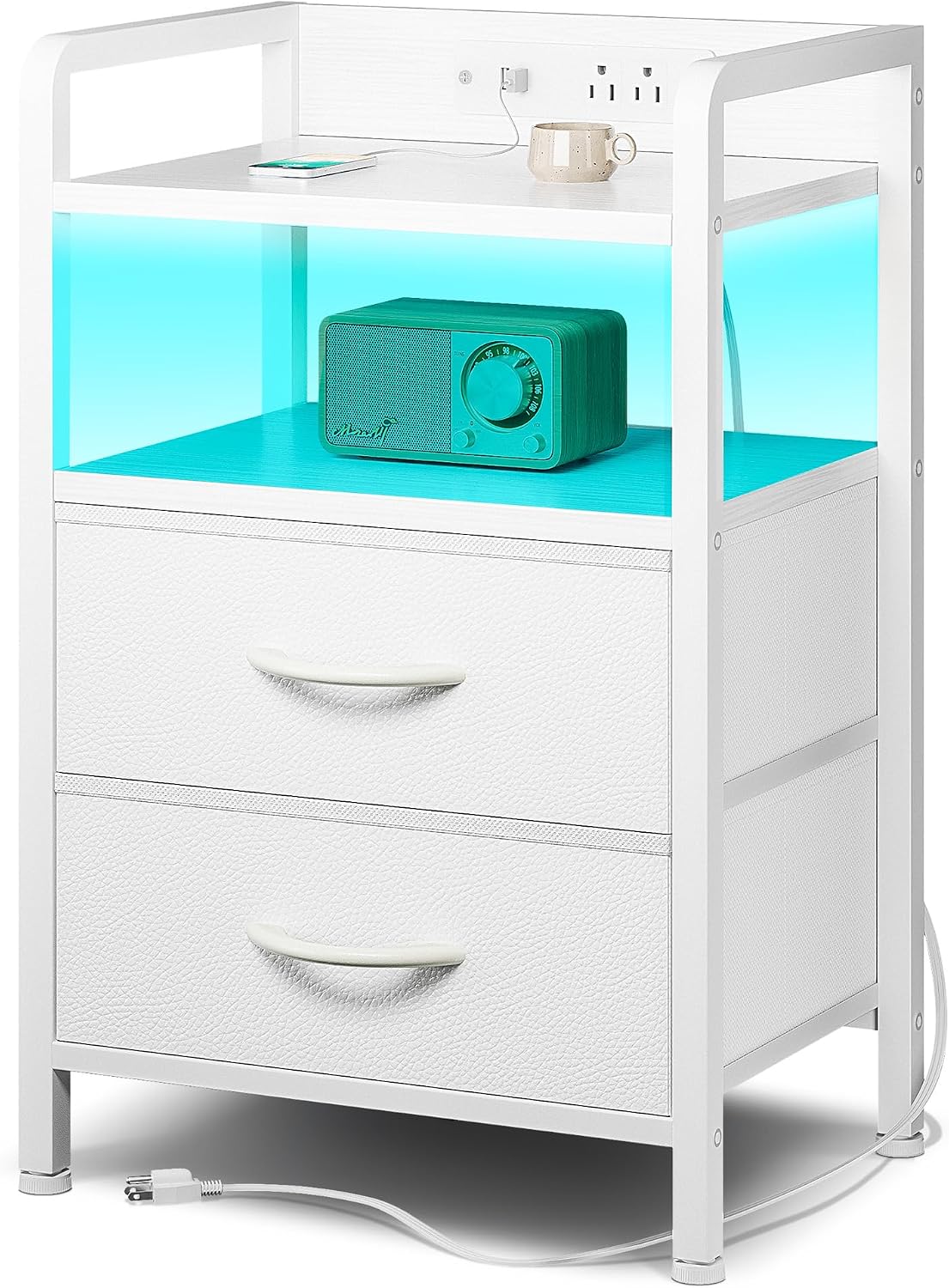 Lazzanto Nightstand with Rear Charging Station, LED Light, 2 Drawers, Black | Industrial Nightstand, 2 USB-A Ports & AC Outlets, Raised Back Guard, Fabric Storage Drawers, Bedside Table for Bedroom, Dorm