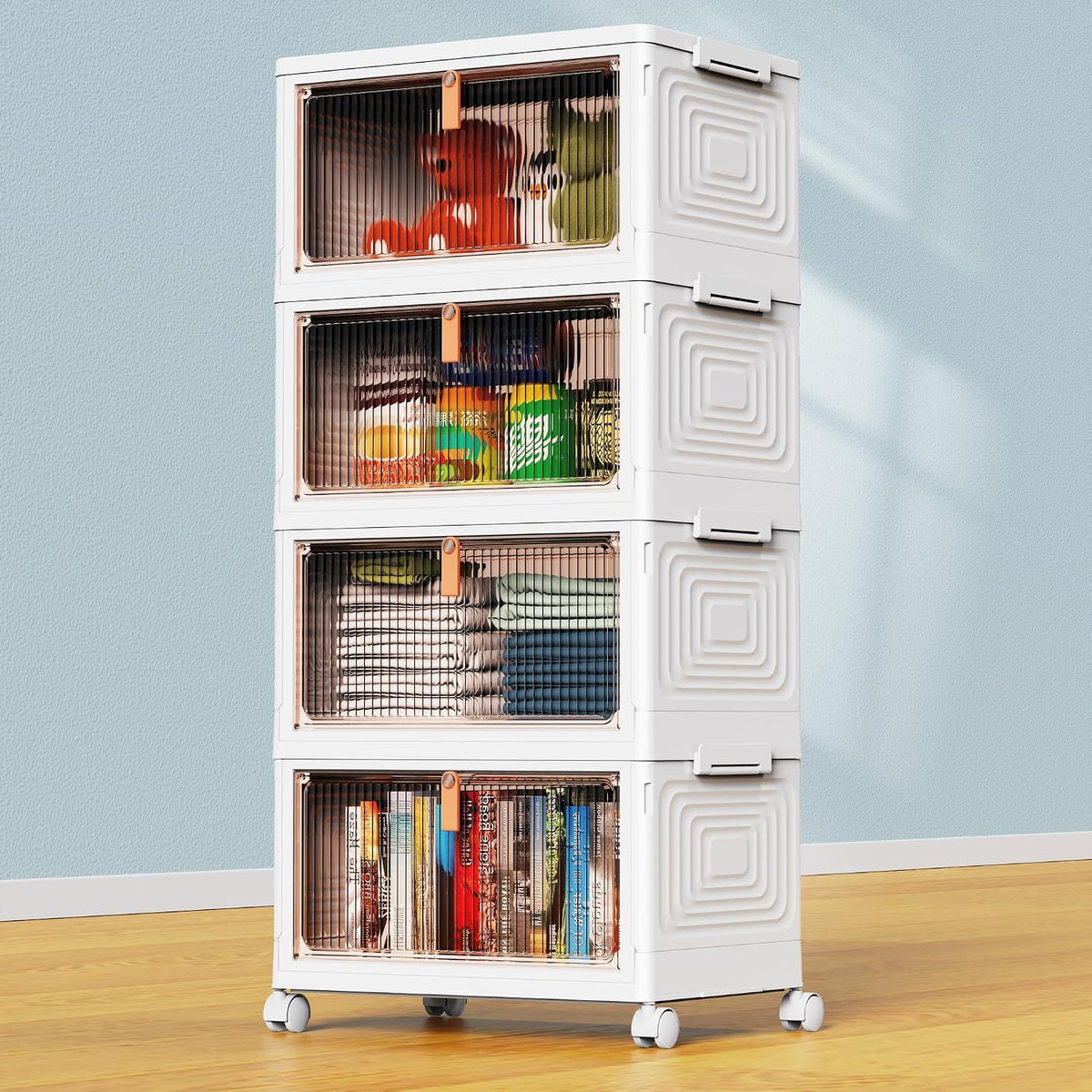 YFXCVSL 4 Tier Plastic Storage Bins with Lid 23QT, Stackable Storage Bins | Plastic Storage Bins with Wheels, Folding Storage Boxes, Organizers and Storage for Living Room,Office,Dorm