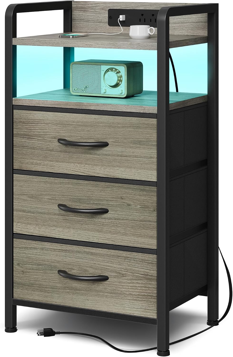 Lazzanto Nightstand with Rear Charging Station, LED Light, 2 Drawers, Black | Industrial Nightstand, 2 USB-A Ports & AC Outlets, Raised Back Guard, Fabric Storage Drawers, Bedside Table for Bedroom, Dorm