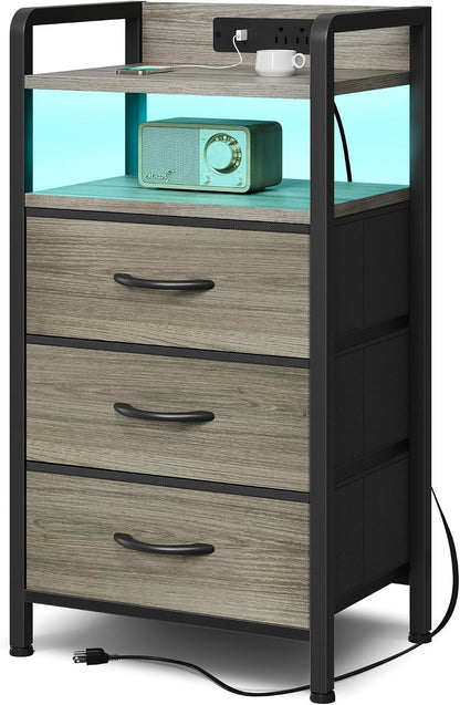 Lazzanto Nightstand with Rear Charging Station, LED Light, 2 Drawers, Black | Industrial Nightstand, 2 USB-A Ports & AC Outlets, Raised Back Guard, Fabric Storage Drawers, Bedside Table for Bedroom, Dorm