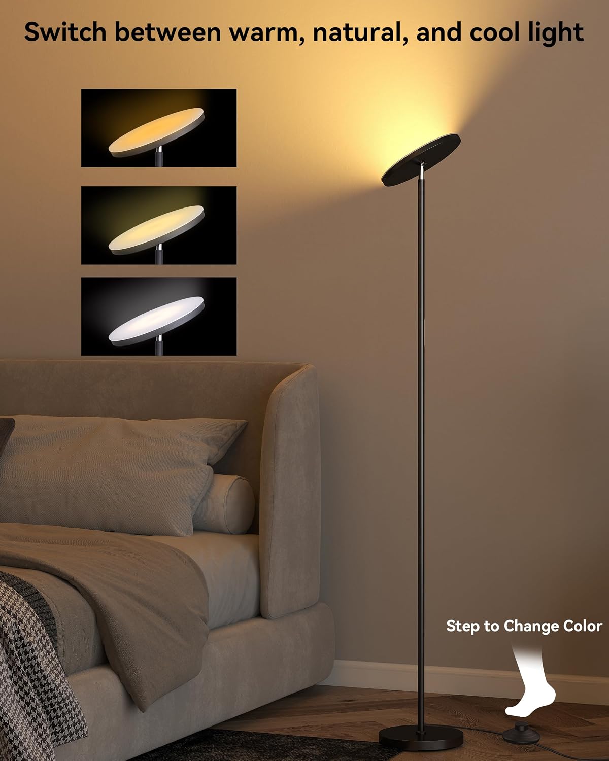 JOOFO LED Floor Lamp for Living Room, Torchiere Lamp with Compact Remote | 30W/3000LM Super Bright, 69 Tall, Stepless Dimming, 3 Color Temperatures, Timer & Memory, Standing Lamp for Bedroom & Office