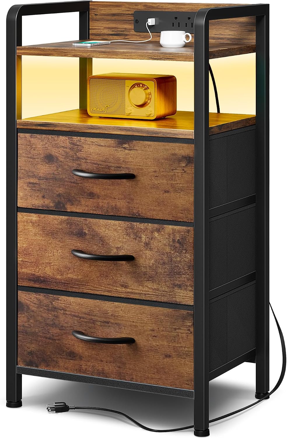 Lazzanto Nightstand with Rear Charging Station, LED Light, 2 Drawers, Black | Industrial Nightstand, 2 USB-A Ports & AC Outlets, Raised Back Guard, Fabric Storage Drawers, Bedside Table for Bedroom, Dorm