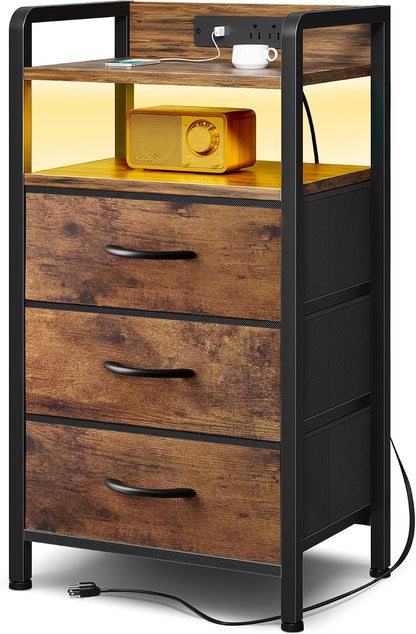 Lazzanto Nightstand with Rear Charging Station, LED Light, 2 Drawers, Black | Industrial Nightstand, 2 USB-A Ports & AC Outlets, Raised Back Guard, Fabric Storage Drawers, Bedside Table for Bedroom, Dorm