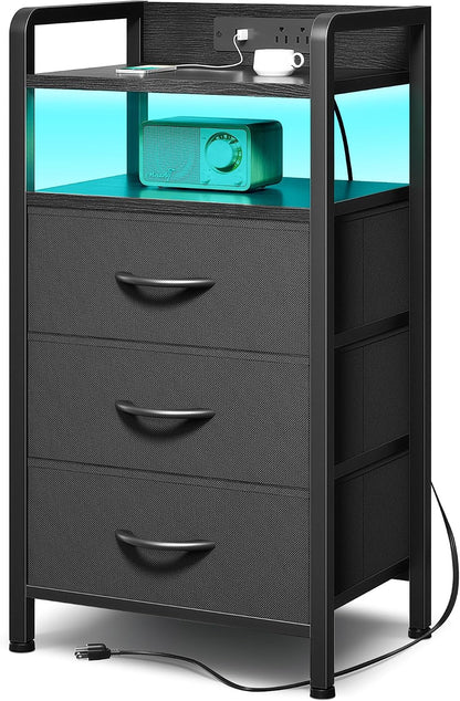Lazzanto Nightstand with Rear Charging Station, LED Light, 2 Drawers, Black | Industrial Nightstand, 2 USB-A Ports & AC Outlets, Raised Back Guard, Fabric Storage Drawers, Bedside Table for Bedroom, Dorm