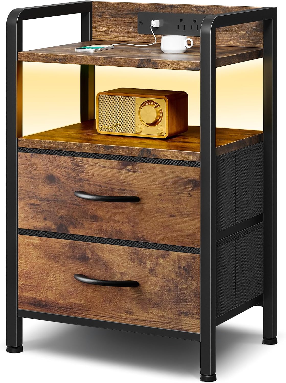 Lazzanto Nightstand with Rear Charging Station, LED Light, 2 Drawers, Black | Industrial Nightstand, 2 USB-A Ports & AC Outlets, Raised Back Guard, Fabric Storage Drawers, Bedside Table for Bedroom, Dorm