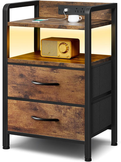 Lazzanto Nightstand with Rear Charging Station, LED Light, 2 Drawers, Black | Industrial Nightstand, 2 USB-A Ports & AC Outlets, Raised Back Guard, Fabric Storage Drawers, Bedside Table for Bedroom, Dorm