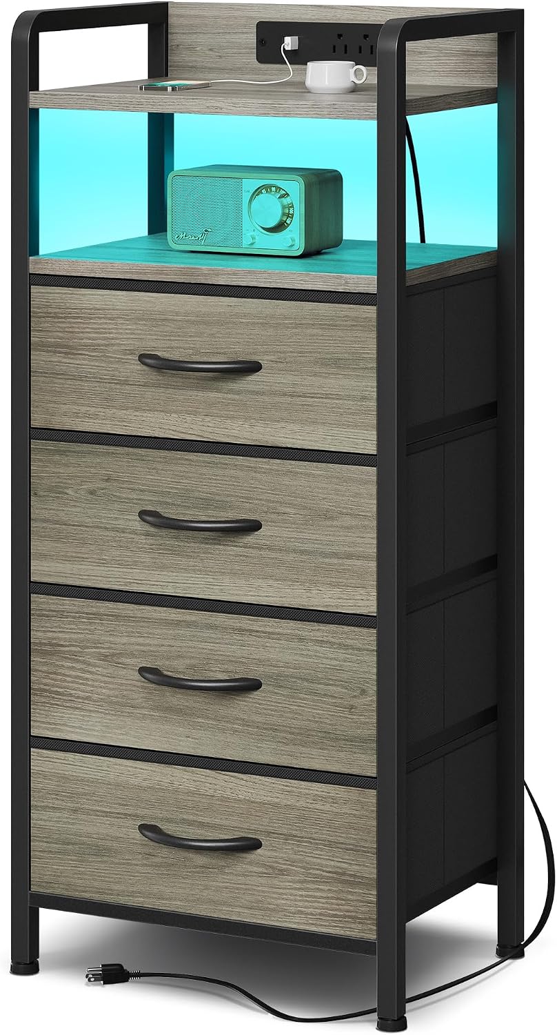 Lazzanto Nightstand with Rear Charging Station, LED Light, 2 Drawers, Black | Industrial Nightstand, 2 USB-A Ports & AC Outlets, Raised Back Guard, Fabric Storage Drawers, Bedside Table for Bedroom, Dorm
