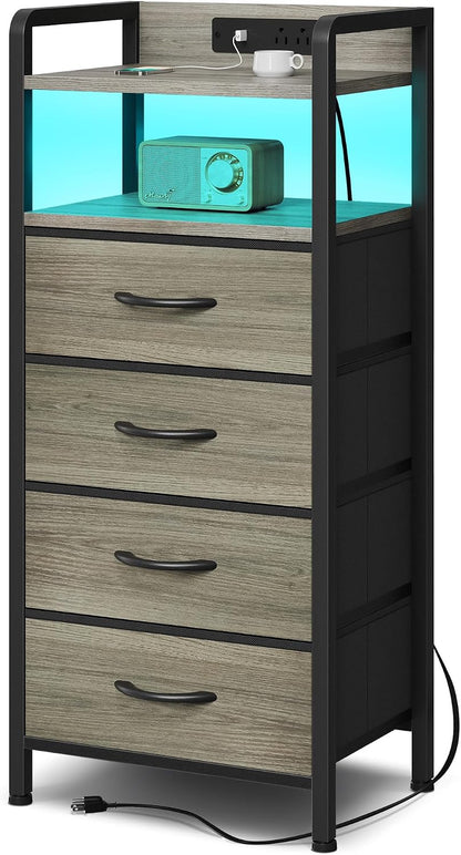Lazzanto Nightstand with Rear Charging Station, LED Light, 2 Drawers, Black | Industrial Nightstand, 2 USB-A Ports & AC Outlets, Raised Back Guard, Fabric Storage Drawers, Bedside Table for Bedroom, Dorm