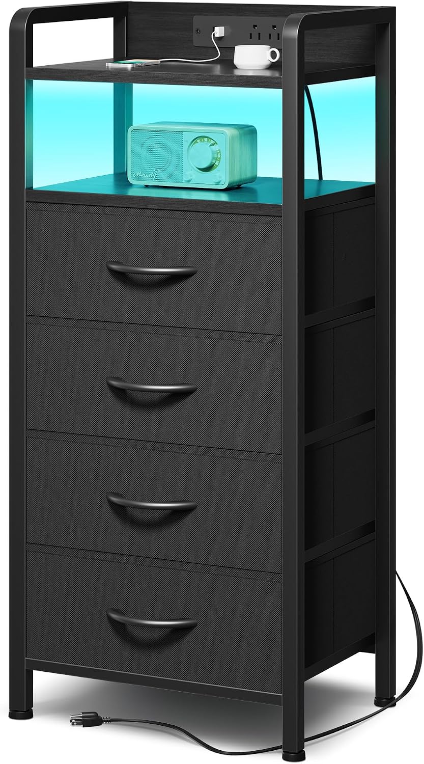 Lazzanto Nightstand with Rear Charging Station, LED Light, 2 Drawers, Black | Industrial Nightstand, 2 USB-A Ports & AC Outlets, Raised Back Guard, Fabric Storage Drawers, Bedside Table for Bedroom, Dorm