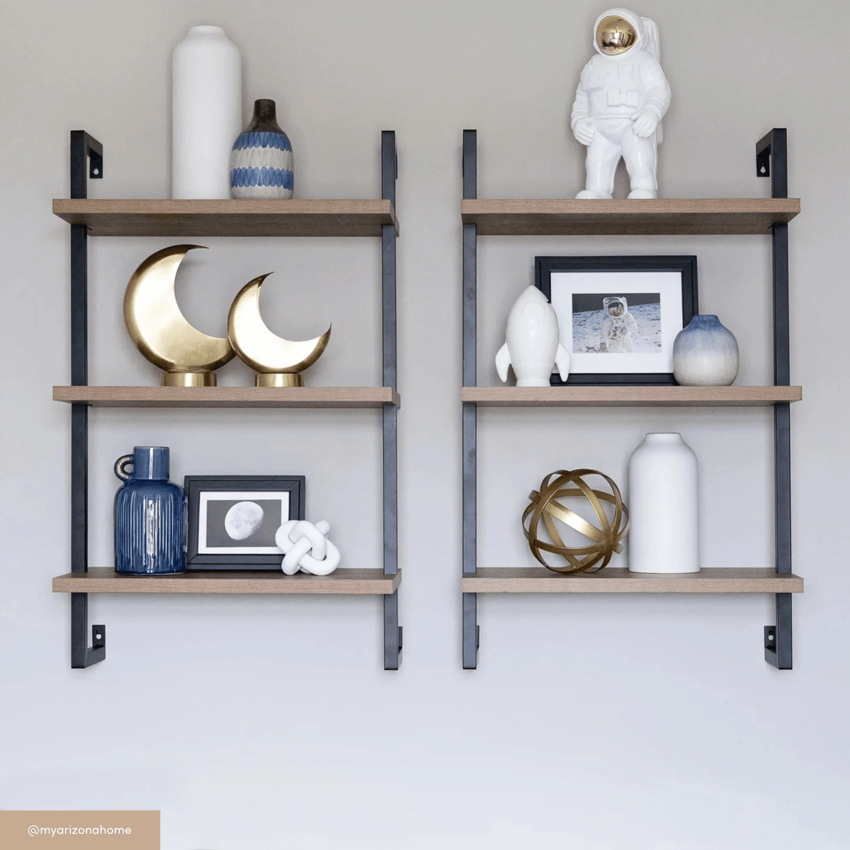 3-Tier Wall-Mounted Bookshelf – Oak Look & Matte Black, Set of 2